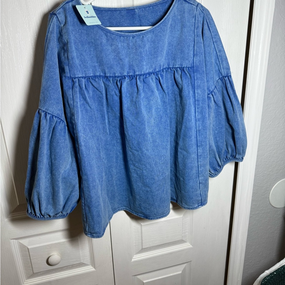 NWT Blue Denim Bubble Sleeve Women's Top
